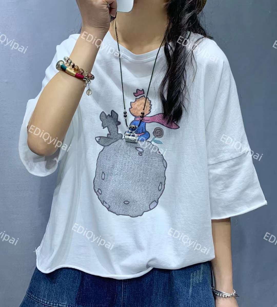 순면티셔츠 여름 오버핏 7부소매 어린왕자 3558 - 상세 이미지 2