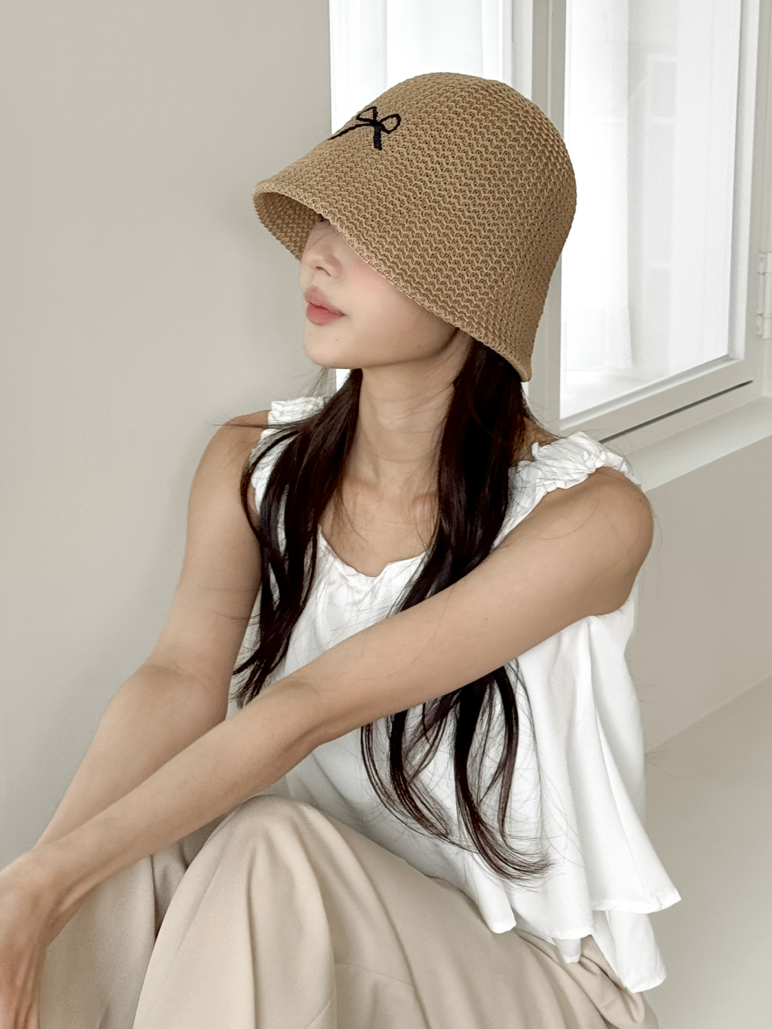 써머 블랙 리본 자수 여름 벙거지 모자 3color 상세 이미지 17