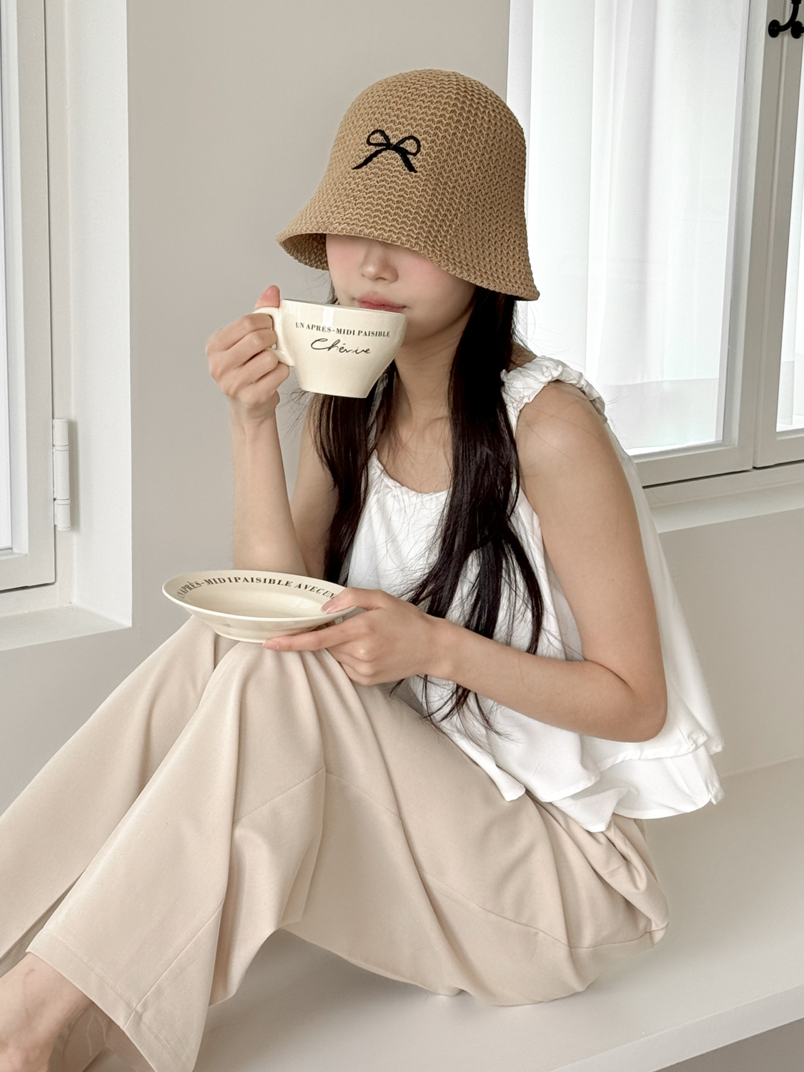 써머 블랙 리본 자수 여름 벙거지 모자 3color 상세 이미지 21