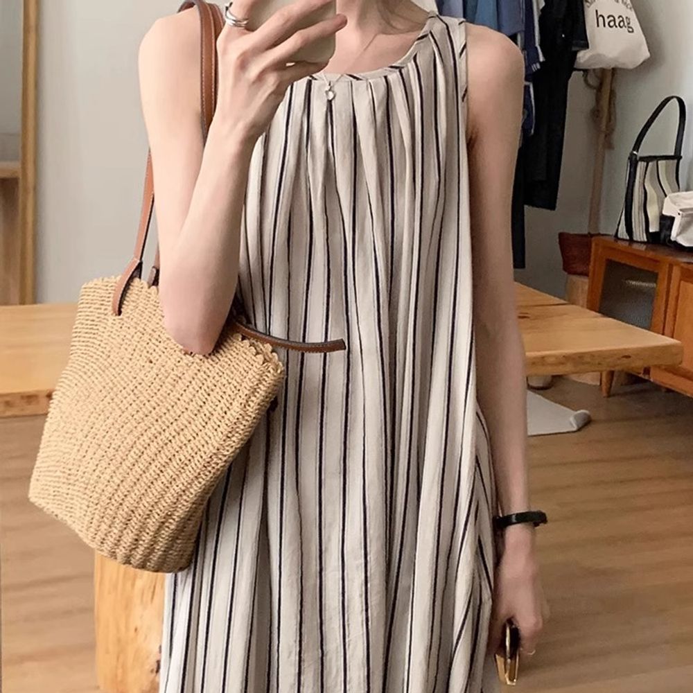 여름 원피스 시원한 스트라이프 롱 셔츠 드레스 민소매 휴양지 데일리 레이어링 휴가룩 - 상세 이미지 2