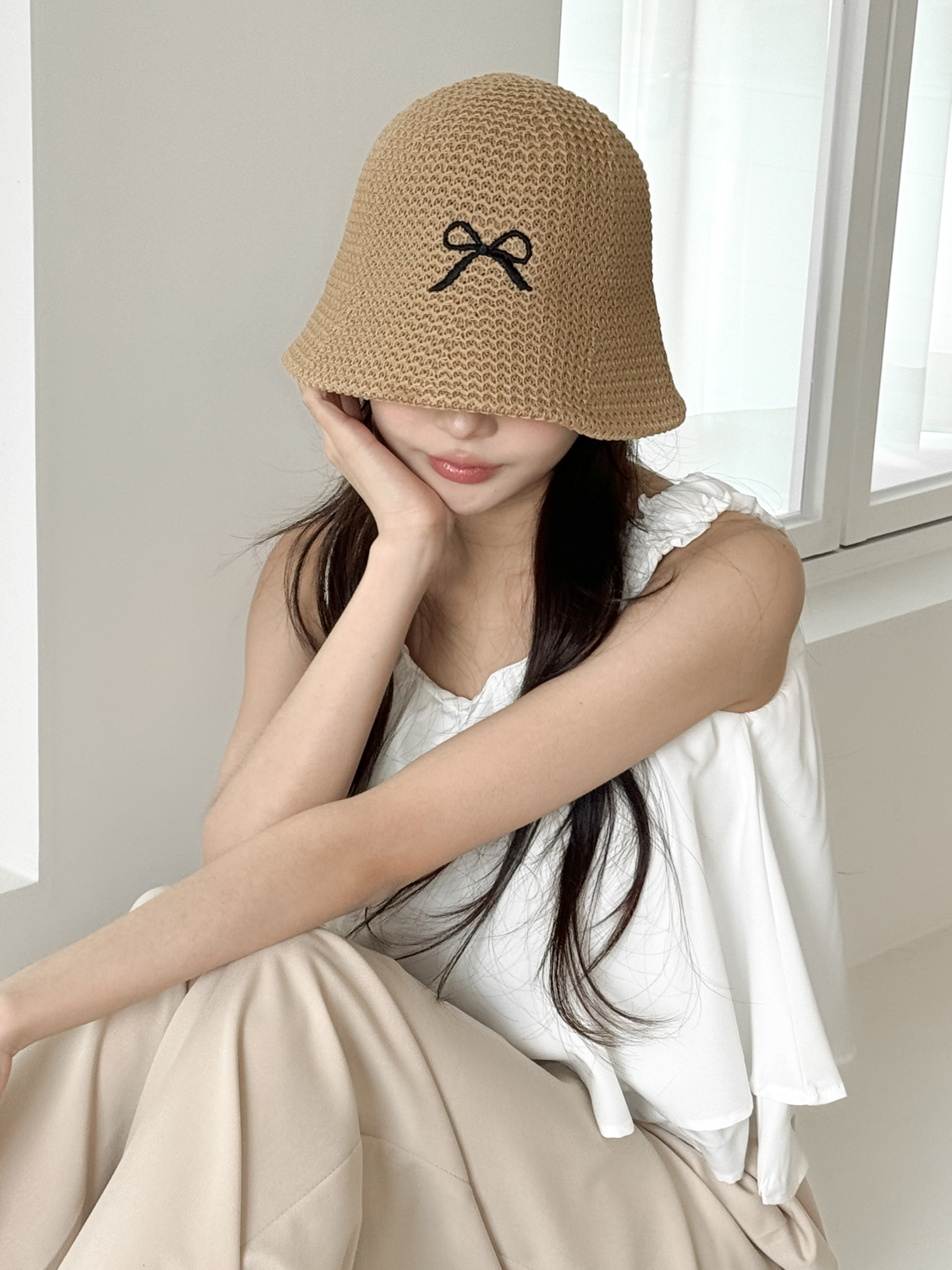 써머 블랙 리본 자수 여름 벙거지 모자 3color 상세 이미지 18