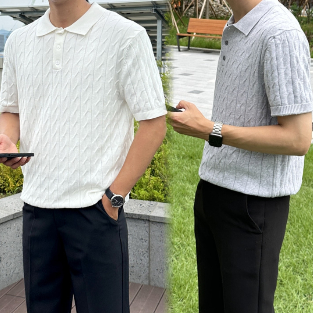 남자 헤들리 여름 린넨 면 스판 워셔블 케이블 반팔 카라 니트