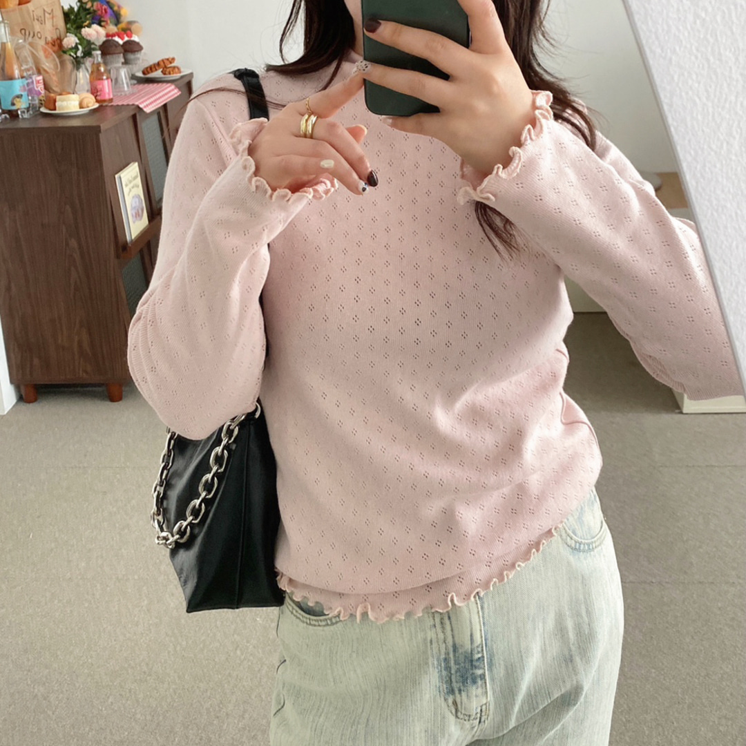 프릴 물결 티셔츠 아일렛 흰티셔츠 - 상세 이미지 3