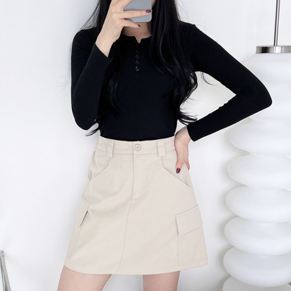 베이지색스커트 미니 짧은 A라인 여성 봄 카고 밴딩치마 - 상세 이미지 2