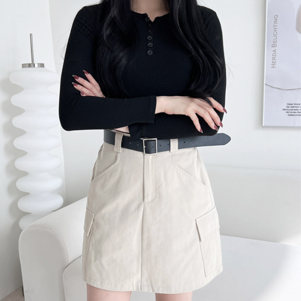 베이지색스커트 미니 짧은 A라인 여성 봄 카고 밴딩치마 - 상세 이미지 3