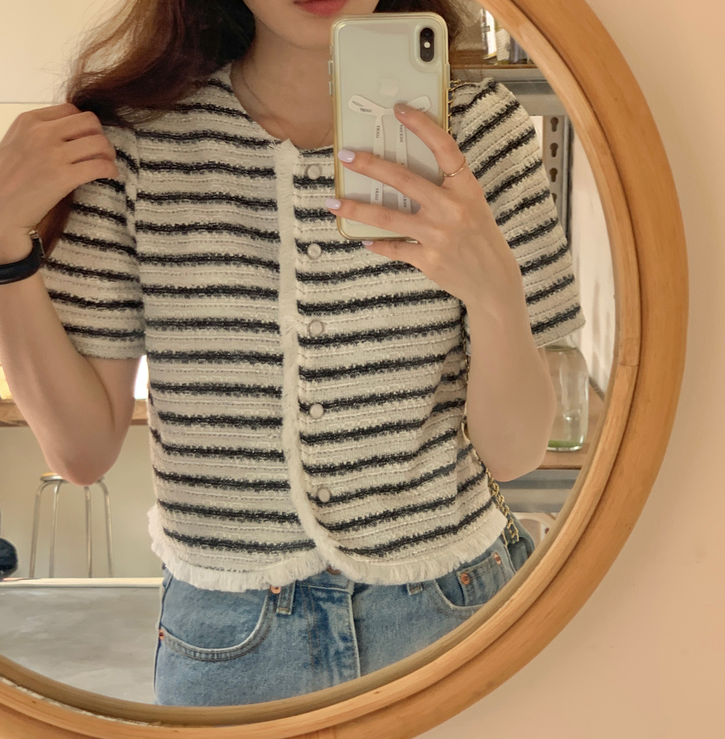 내마음 단가라 진주단추 스트라이프 수술 반팔 숏 미니 트위드 자켓(2color)