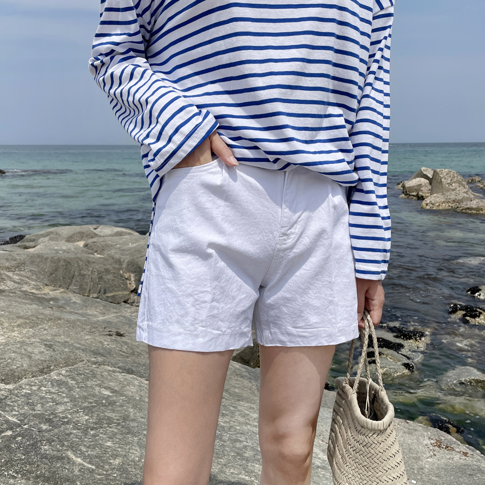 하이웨스트 핀턱 밴딩진 세미와이드 화이트 진 데님 팬츠 여성여름청바지 여성 청반바지 4부