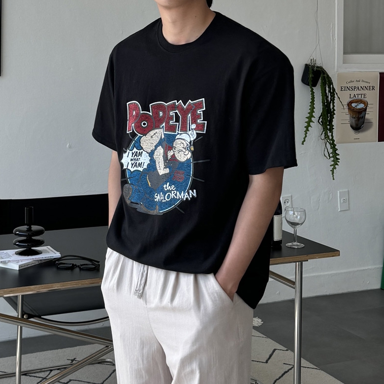 남자 뽀빠이 여름 오버핏 캐주얼 프린팅 반팔티 95-110 - 상세 이미지 5