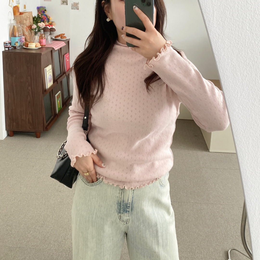 프릴 물결 티셔츠 아일렛 흰티셔츠 - 상세 이미지 4