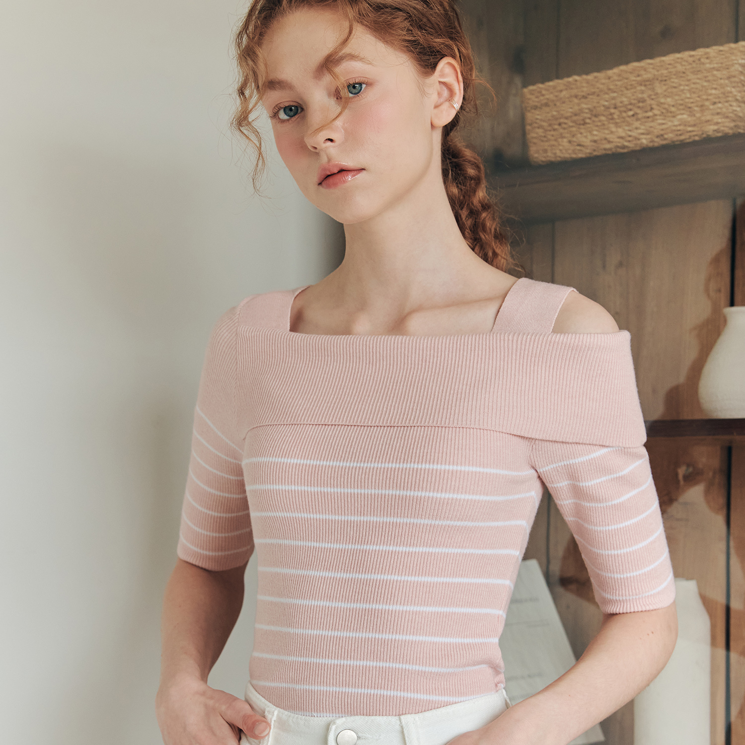 [제로스트릿][6컬러] 반팔 스트라이프 오프숄더 스웨터 SHORT SLEEVE STRIPE OFF SHOULDER SWEATER 이미지 3