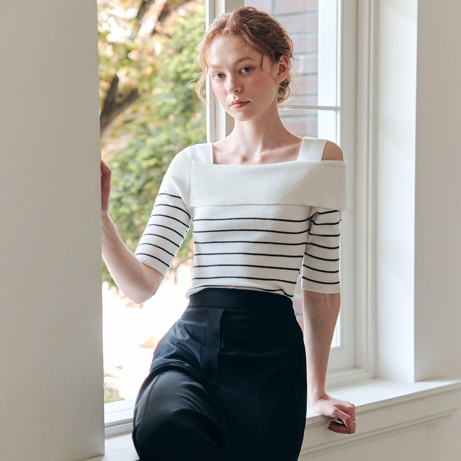 [제로스트릿][6컬러] 반팔 스트라이프 오프숄더 스웨터 SHORT SLEEVE STRIPE OFF SHOULDER SWEATER 이미지 2