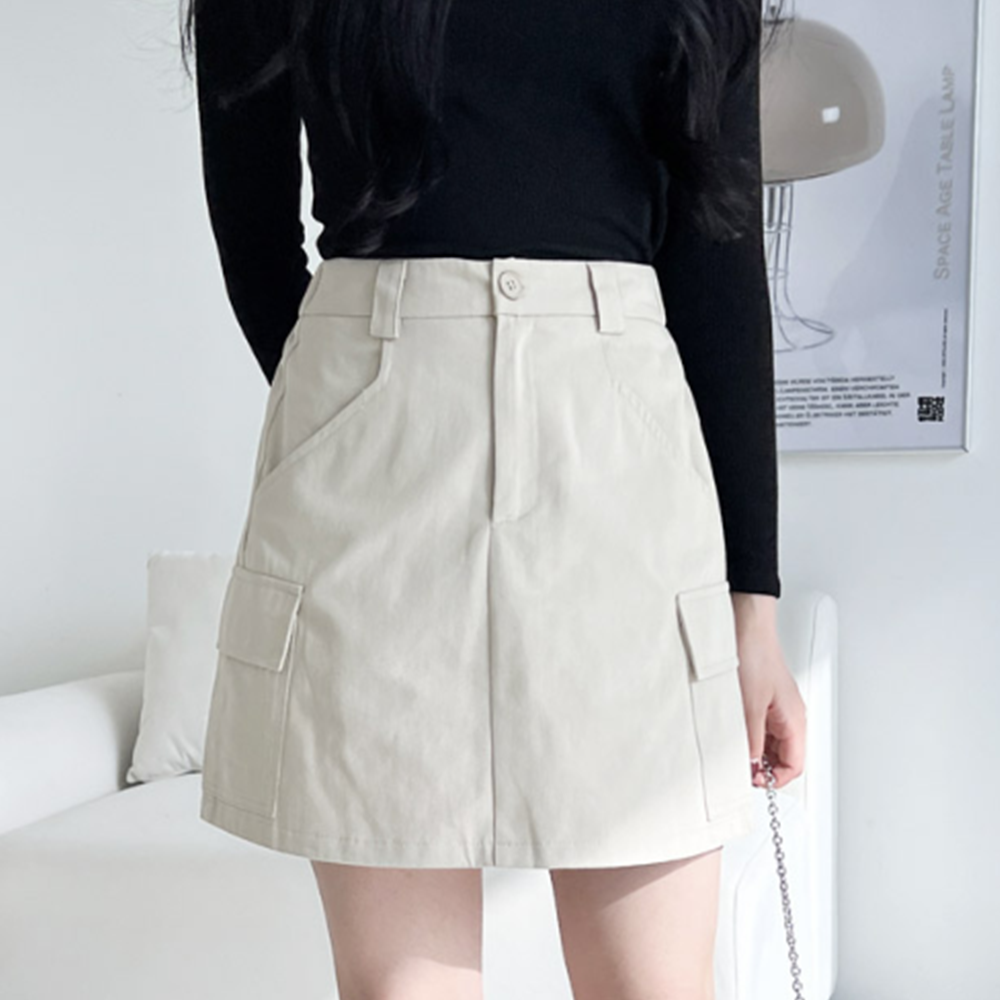 베이지색스커트 미니 짧은 A라인 여성 봄 카고 밴딩치마 - 메인 이미지