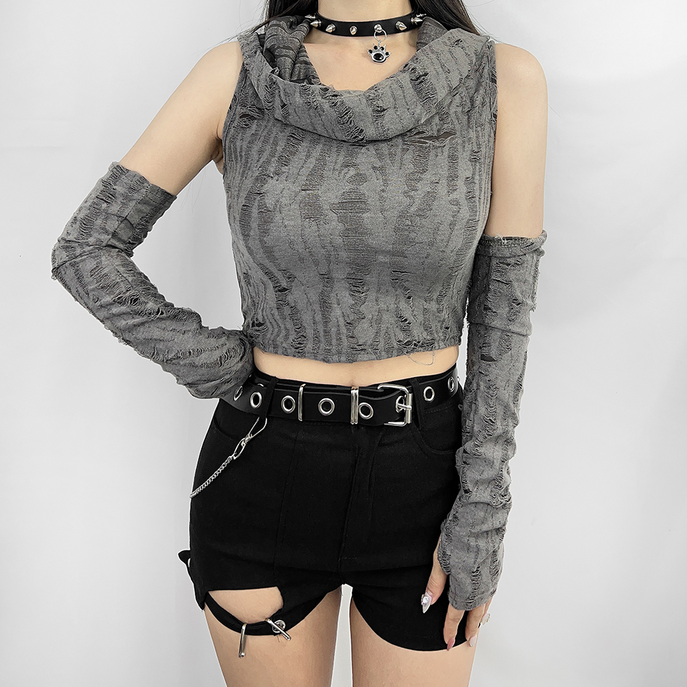 워머세트 그런지 헤짐 후드 크롭탑 무대 댄스 크롭티셔츠 3color - 상세 이미지 3