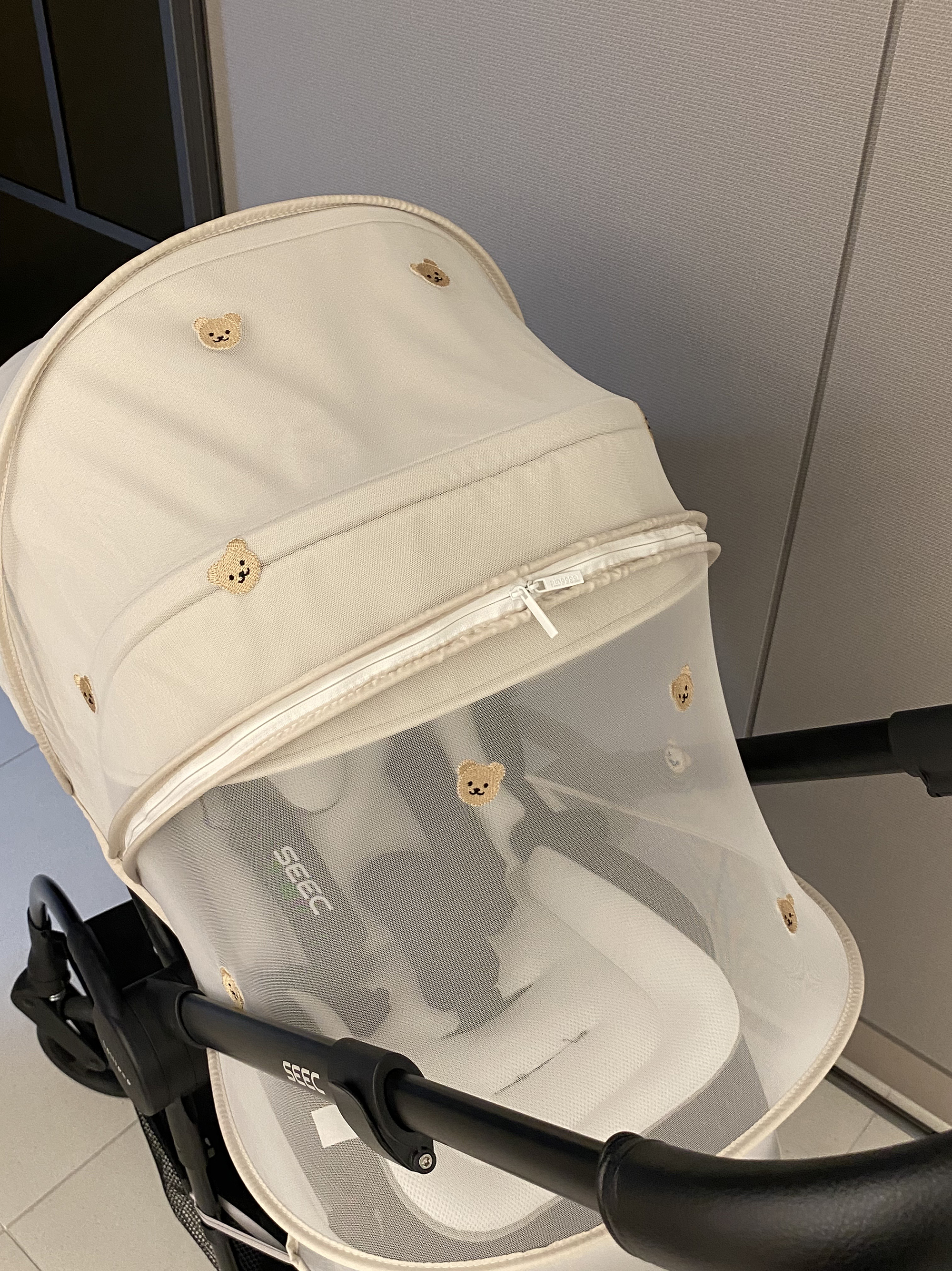 유모차모기장 곰돌이 레이스 꿀잠커튼 세트 유모차커버 햇빛 가리개 덮개 자수 지퍼 - 상세 이미지 4