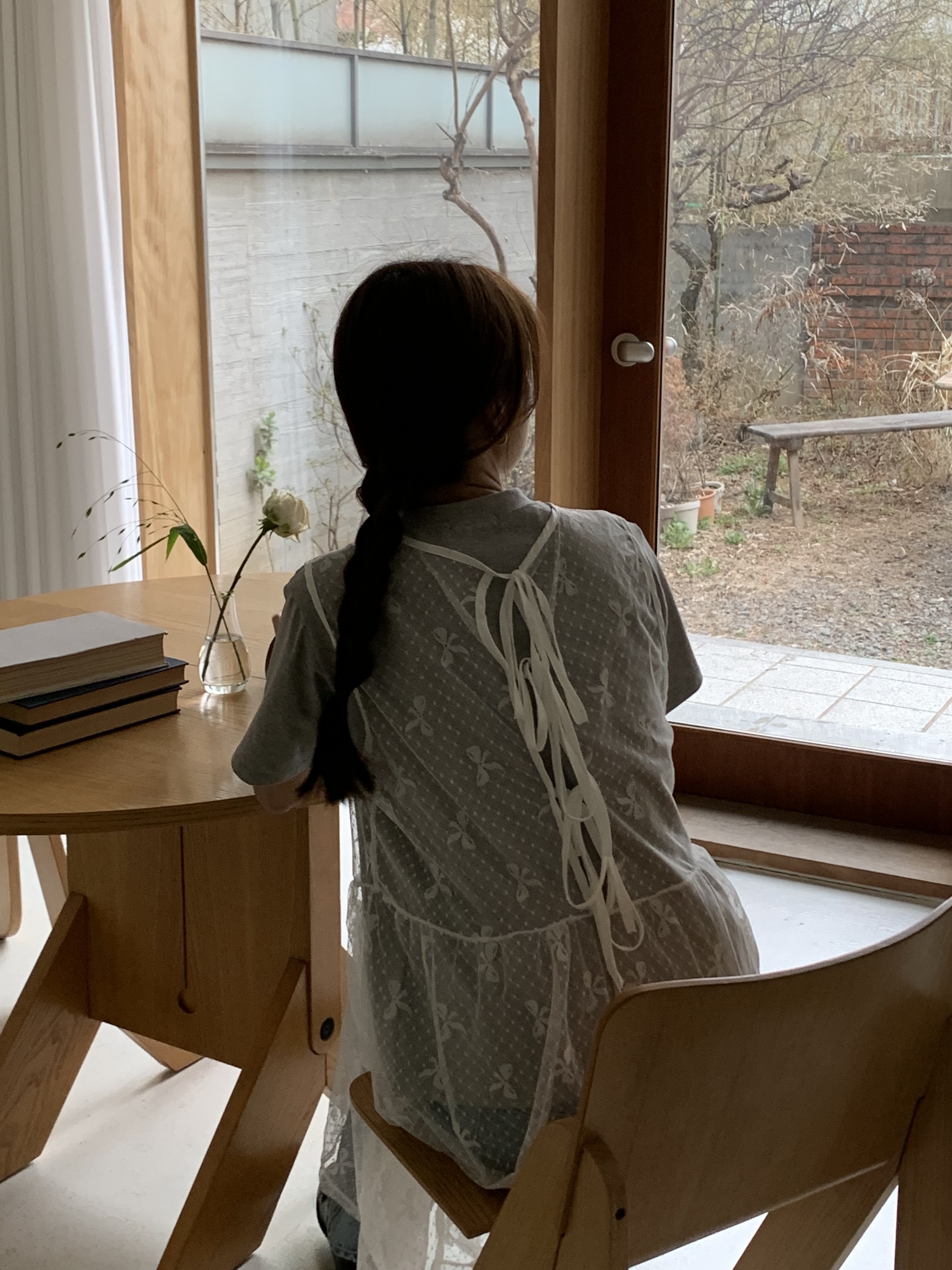 판다 뒷리본 시스루 여자 오버핏 레이어드 여름 레이스 롱 원피스(아이보리)