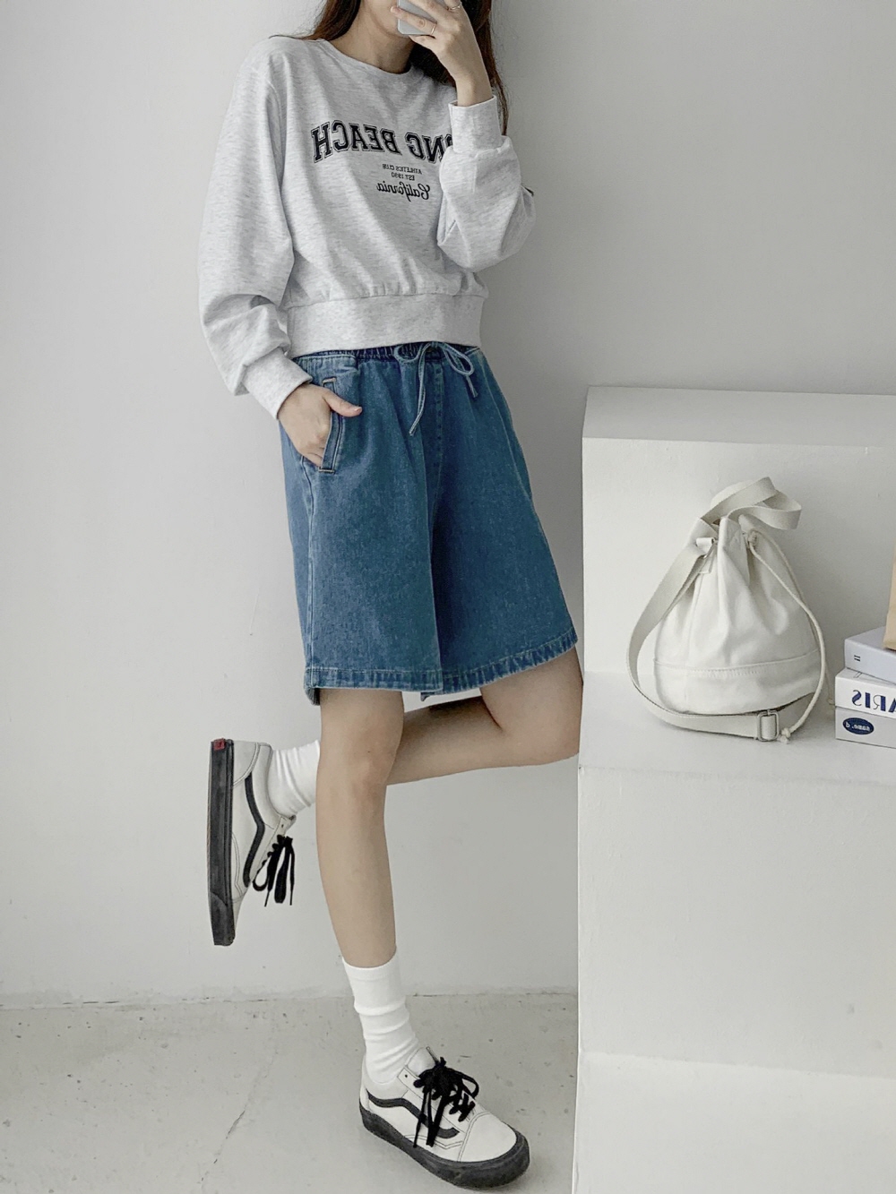 5부 청반바지 데님반바지 여름 여성 밴딩 고무줄 와이드 버뮤다 데님 팬츠 이미지 7