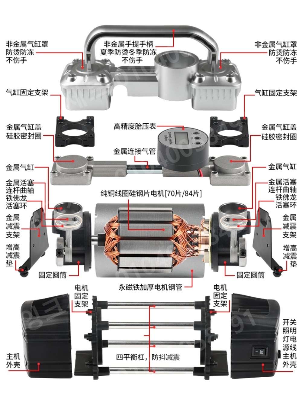 충전 콤프레샤 타이어 공기펌프 소형 포터블 이중 실린더 - 상세 이미지 2