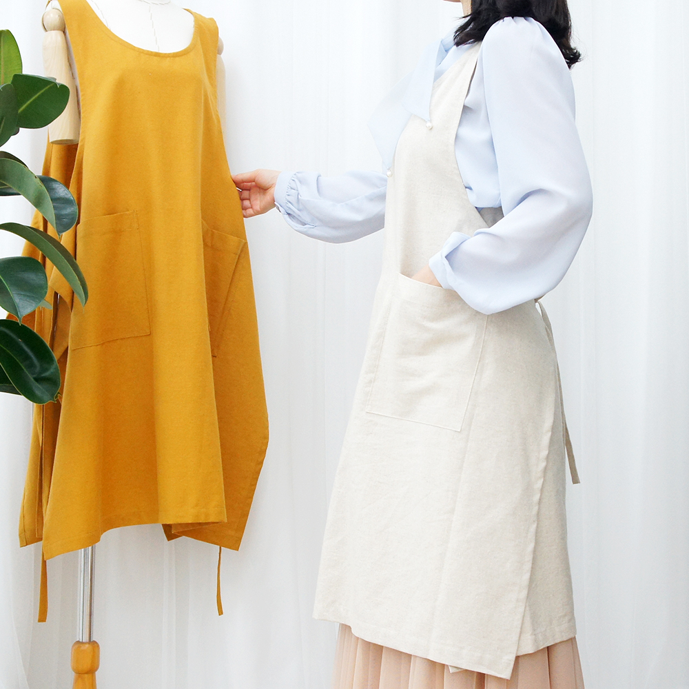 더퍼 빅사이즈 린넨 무지 옆트임 앞치마 가볍고 예쁜 데일리 프리사이즈 에이프런 국내제작 - 상세 이미지 3