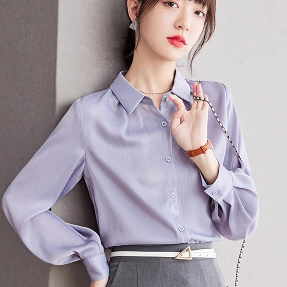 여성 봄 여름 셔츠블라우스 라벤더 셔링 퍼프디테일 심플블라우스 출근룩 오피스 - 상세 이미지 2