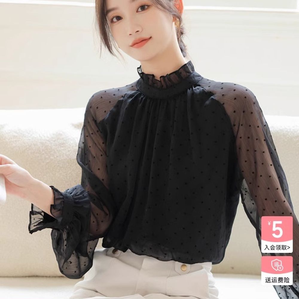 여성 봄 여름 블랙 도트 패턴 셔츠블라우스 셔링 소매 시스루 La Chabelle - 상품 이미지