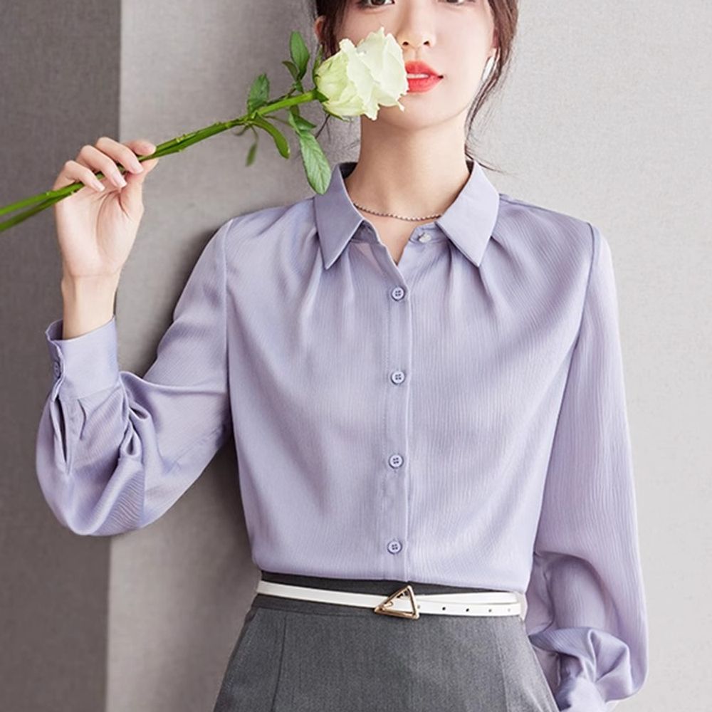 여성 봄 여름 셔츠블라우스 라벤더 셔링 퍼프디테일 심플블라우스 출근룩 오피스 - 상세 이미지 4