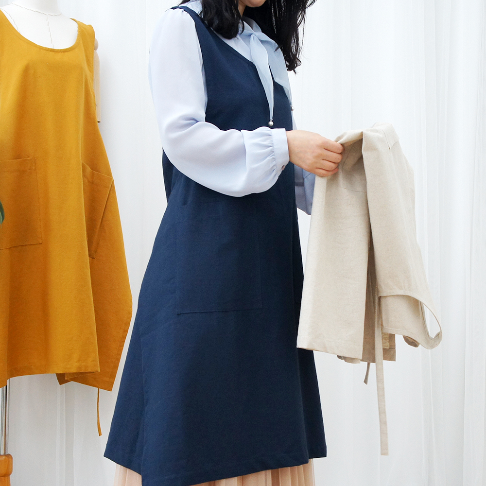더퍼 빅사이즈 린넨 무지 옆트임 앞치마 가볍고 예쁜 데일리 프리사이즈 에이프런 국내제작 - 상세 이미지 2