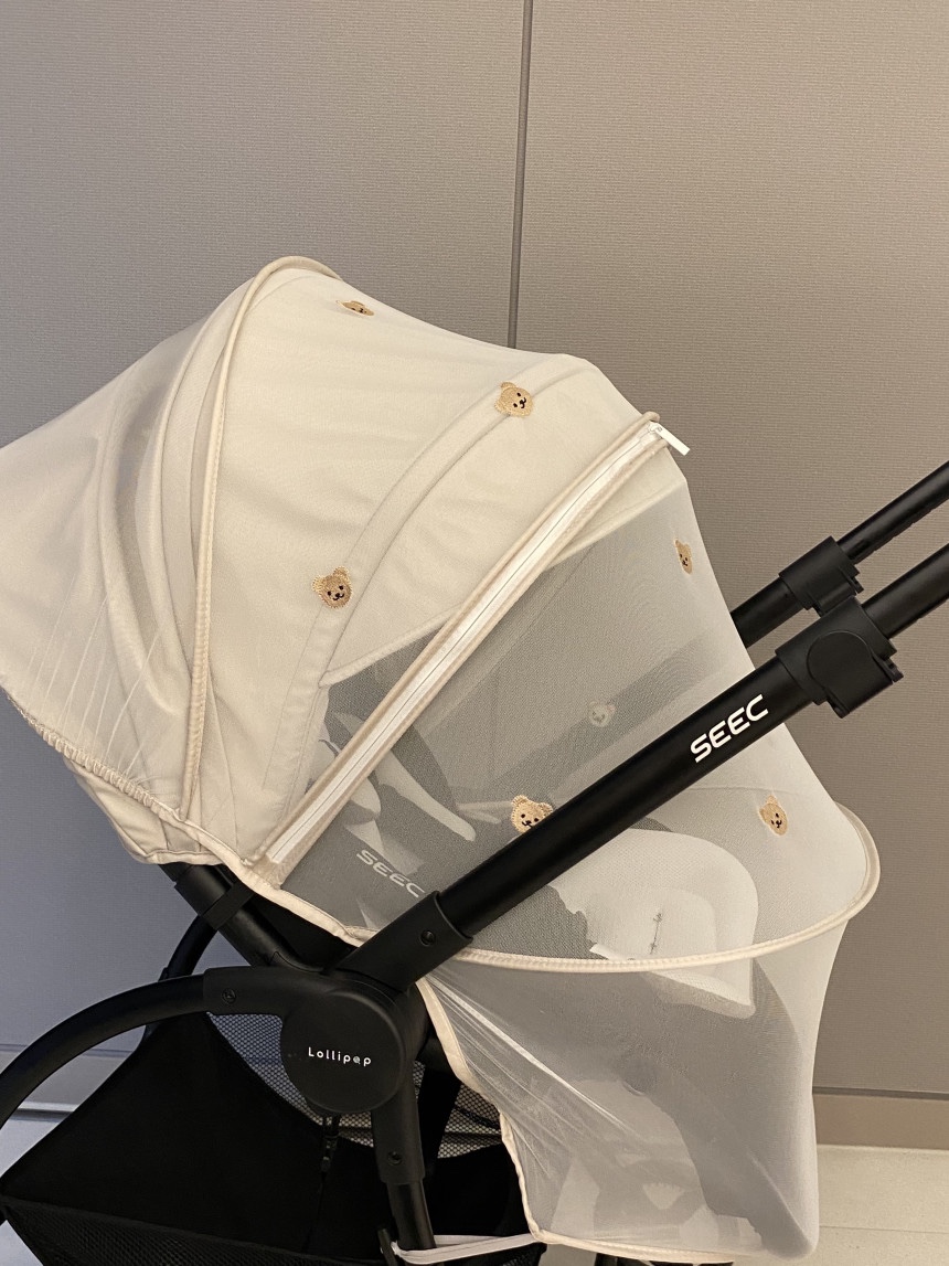 유모차모기장 곰돌이 레이스 꿀잠커튼 세트 유모차커버 햇빛 가리개 덮개 자수 지퍼 - 상세 이미지 5