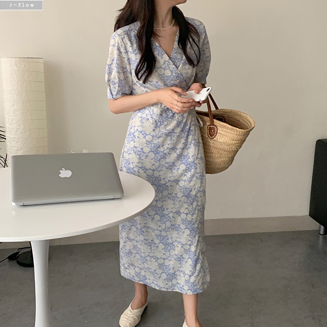 리진 브이넥 플라워 랩 롱 원피스 1col 여름 허리끈 실키 쉬폰 데일리 제이플로우 - 상세 이미지 3
