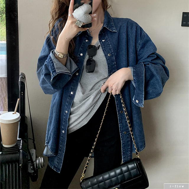 벌스 데님 오버핏 하프 카라 은장버튼 셔츠 2col 봄 가을 루즈핏 레이어드 제이플로우 이미지 3