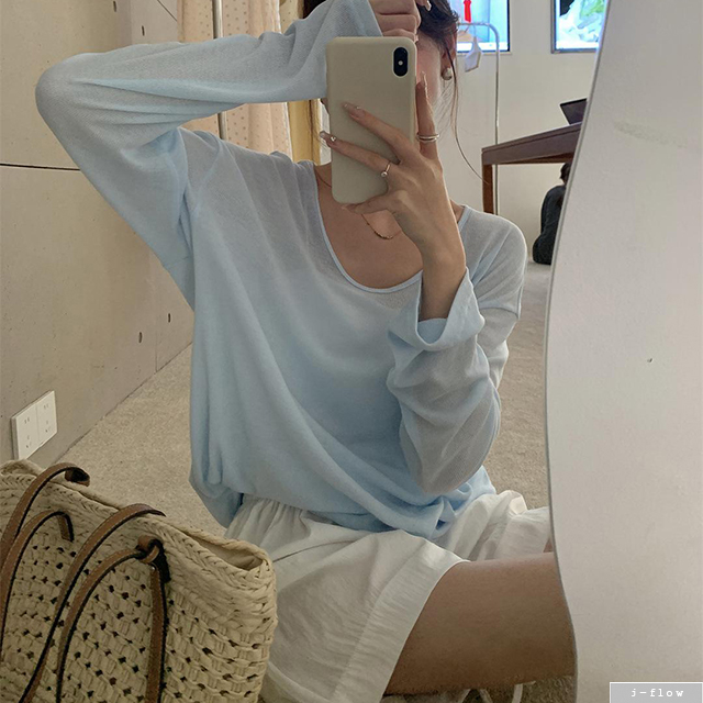 마밀 골지 시스루 루즈핏 긴팔 니트 티셔츠 8col 여름 봄 U넥 하프 데일리 제이플로우 이미지 6