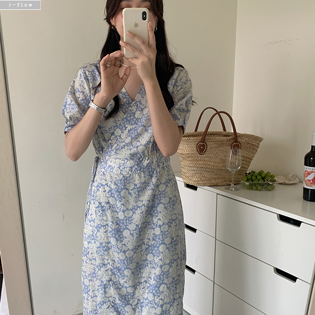 리진 브이넥 플라워 랩 롱 원피스 1col 여름 허리끈 실키 쉬폰 데일리 제이플로우 - 상세 이미지 2