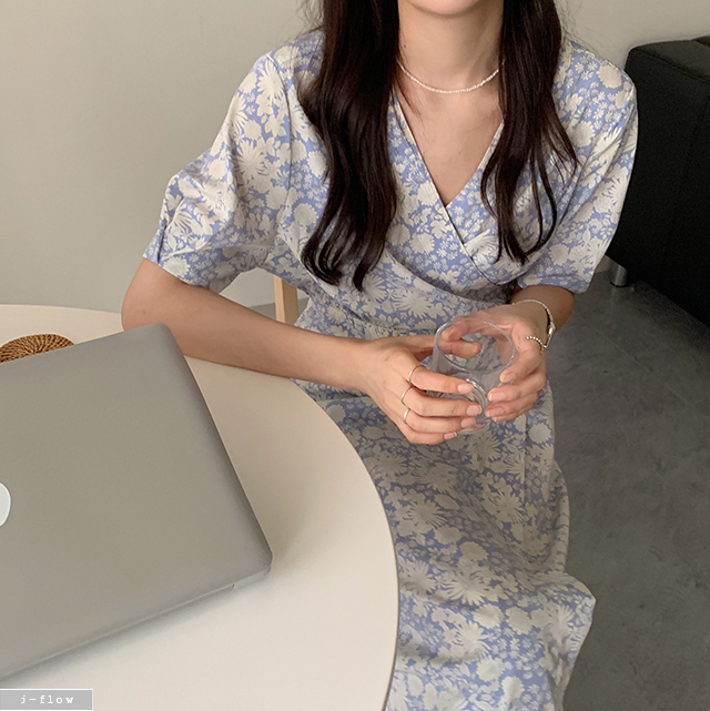 리진 브이넥 플라워 랩 롱 원피스 1col 여름 허리끈 실키 쉬폰 데일리 제이플로우 이미지 6