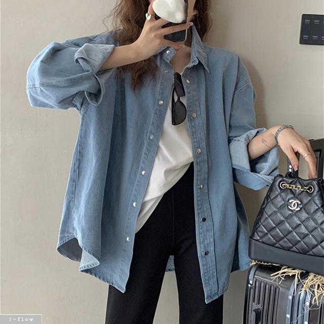 벌스 데님 오버핏 하프 카라 은장버튼 셔츠 2col 봄 가을 루즈핏 레이어드 제이플로우 이미지 2
