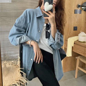 벌스 데님 오버핏 하프 카라 은장버튼 셔츠 2col 봄 가을 루즈핏 레이... 착용 후기 | 사이즈/핏 총정리 - 상품 이미지 1