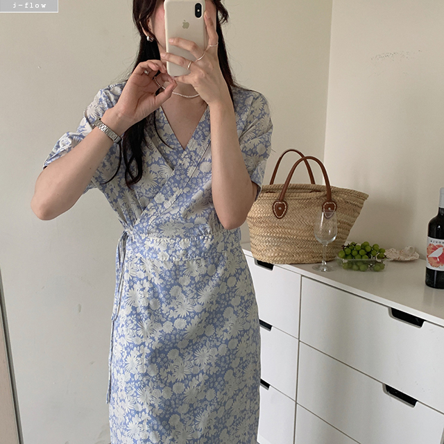 리진 브이넥 플라워 랩 롱 원피스 1col 여름 허리끈 실키 쉬폰 데일리 제이플로우 이미지 7