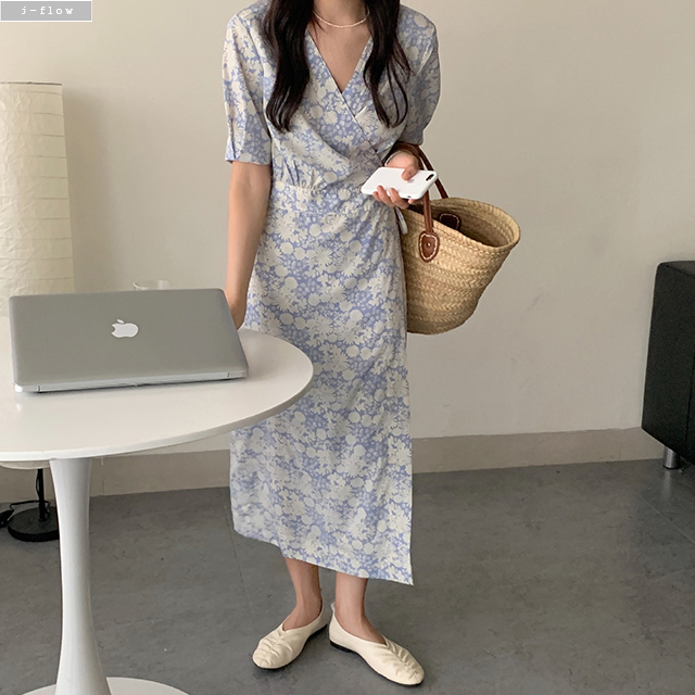 리진 브이넥 플라워 랩 롱 원피스 1col 여름 허리끈 실키 쉬폰 데일리 제이플로우 - 상세 이미지 4