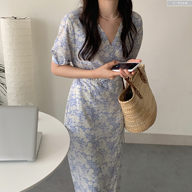 리진 브이넥 플라워 랩 롱 원피스 1col 여름 허리끈 실키 쉬폰 데일리 제이플로우 이미지 8