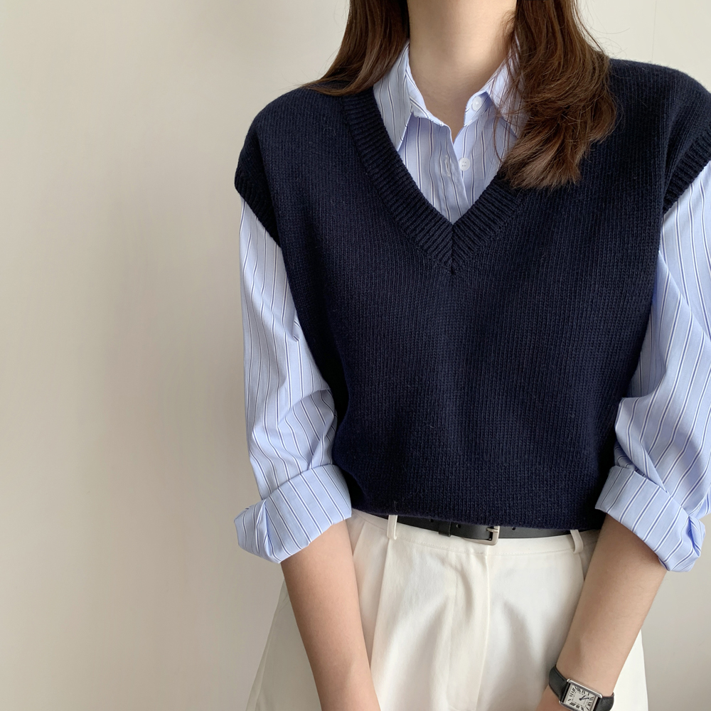 루즈핏 레이어드 브이넥 니트 베스트 울 쪼끼 여성 니트 조끼 여자 베스트 봄 가을