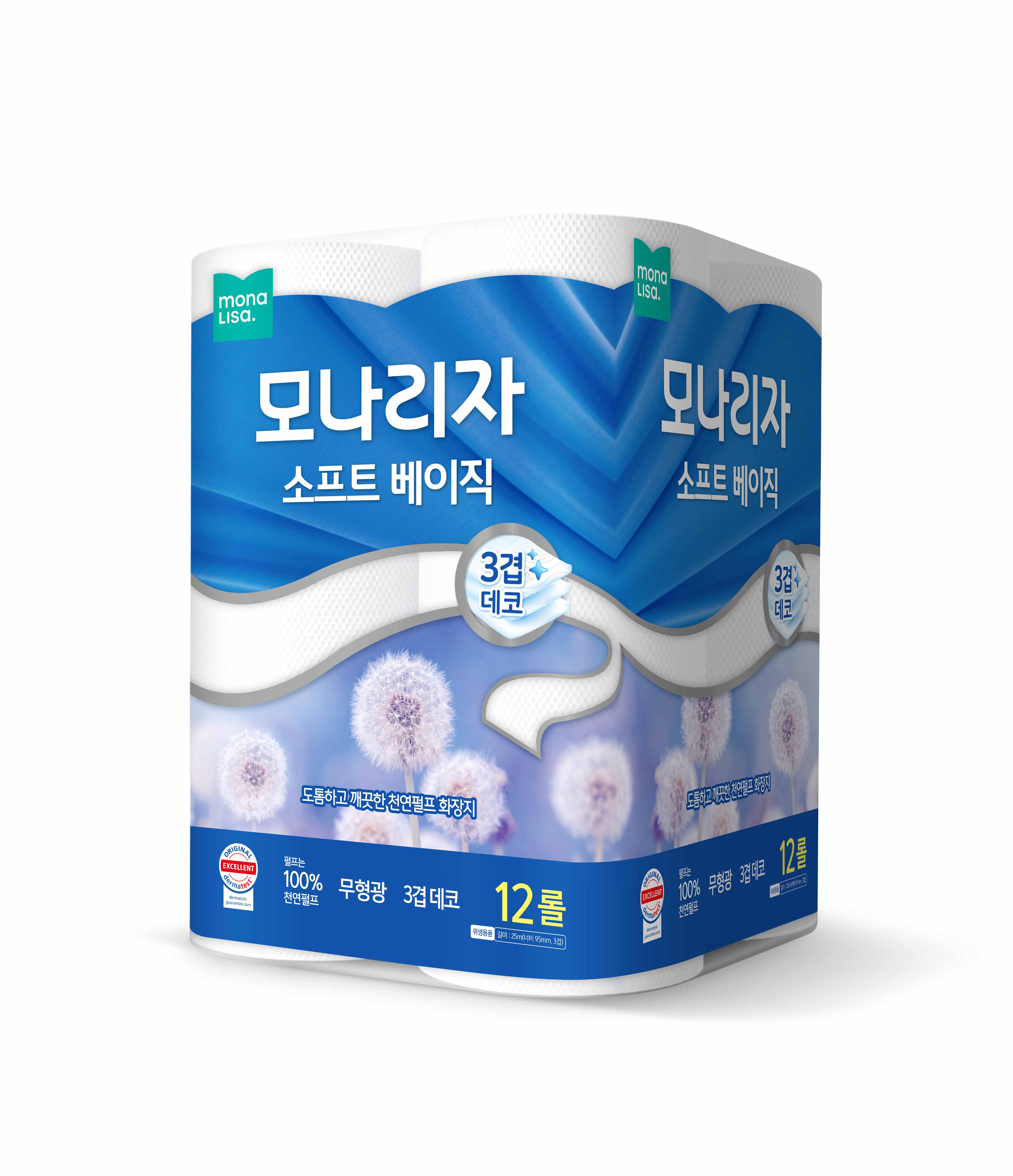 모나리자 소프트 베이직 25m 12롤 6팩 3겹데코 비데용 휴지 두루마리 롤화장지 - 상품 이미지