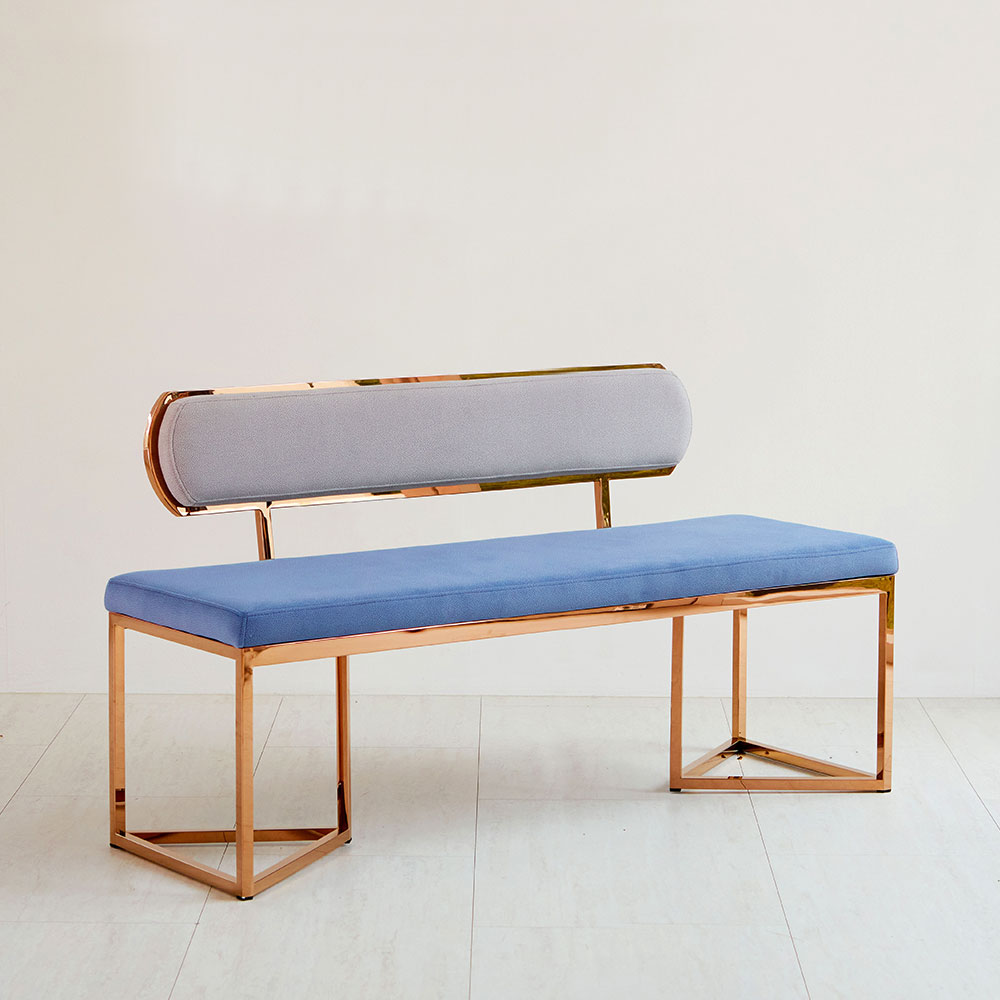 스코나 아델피 아쿠아텍스 패브릭 골드 스텐 3인 등받이 벤치 의자