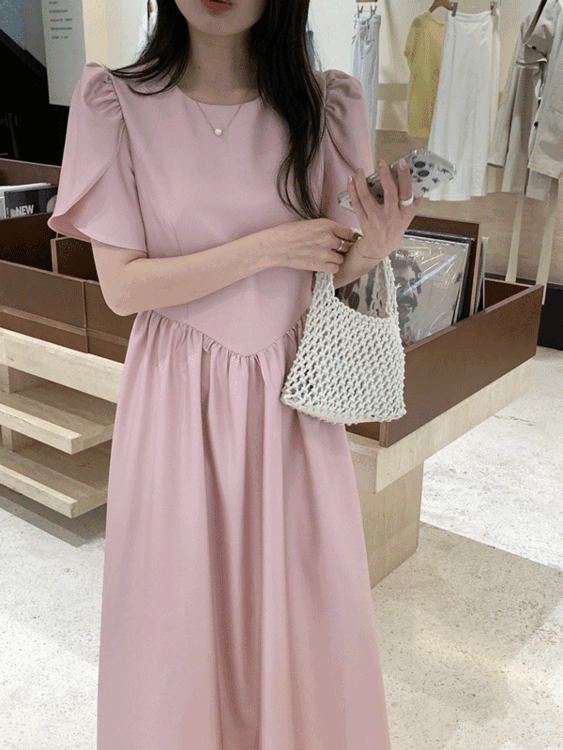 비스콧 여성 라운드넥 소매 퍼프 벌룬 반팔 튤립 캡소매 플레어 A라인 하객룩 롱 원피스