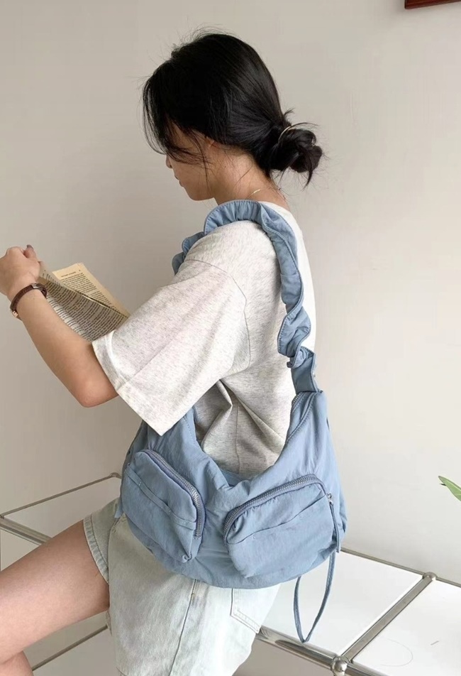 사계절 나일론 반달 포켓 스트링 쇼퍼 숄더백 캐쥬얼 실버 보부상가방 - 상세 이미지 5