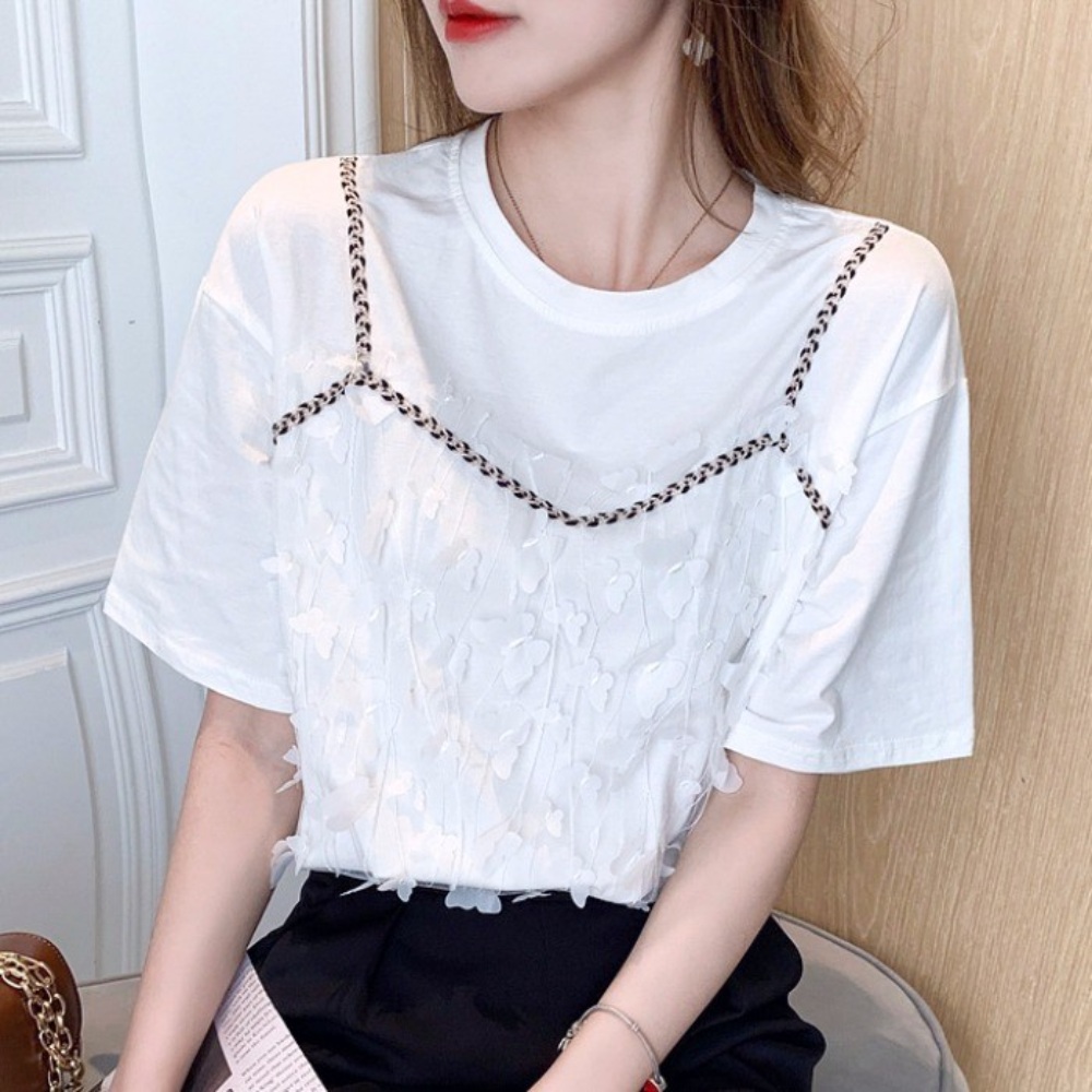 쉬폰 뷔스티에 반팔티 코튼 루즈핏 여름 예쁜 디자인 예쁜 레이어드 상의 - 상세 이미지 4