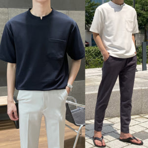 1+1 남자 퀸란 여름 넥슬릿 포켓 라운드 반팔티 착용 후기 | 사이즈/핏 총정리 - 상품 이미지 1
