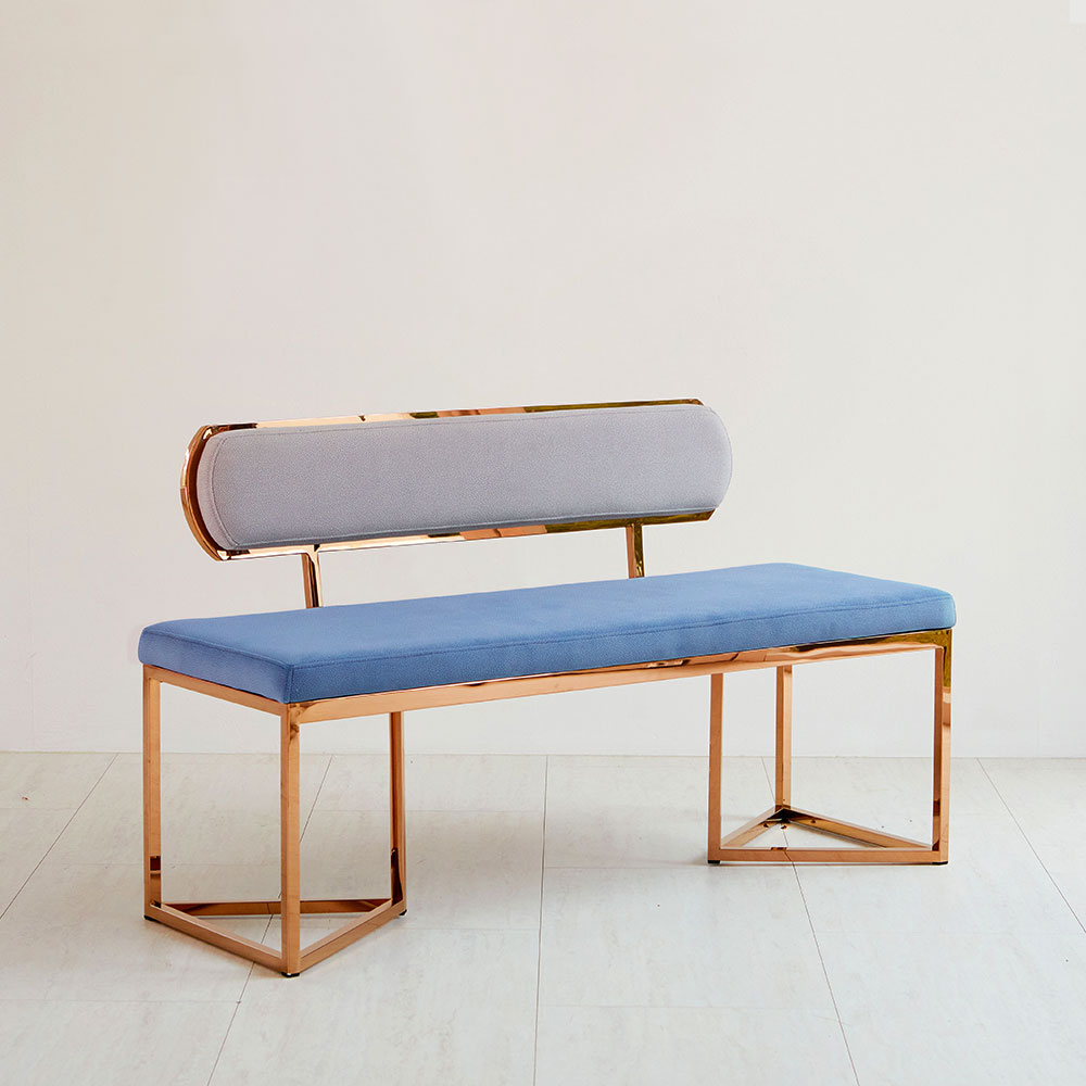 스코나 아델피 아쿠아텍스 패브릭 골드 스텐 2인 등받이 벤치 의자