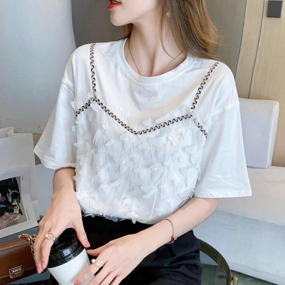 쉬폰 뷔스티에 반팔티 코튼 루즈핏 여름 예쁜 디자인 예쁜 레이어드 상의 - 상품 이미지