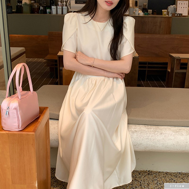 노블 튤립 소매 실키 퍼프 롱 원피스 3col 여름 봄 맥시 라운드 A라인 제이플로우 - 상품 이미지