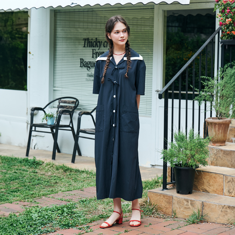 [메타퍼] 여성 여름 세일러 셔츠 원피스 반팔 휴양지 바캉스 롱 원피스 데일리 룩 네이비