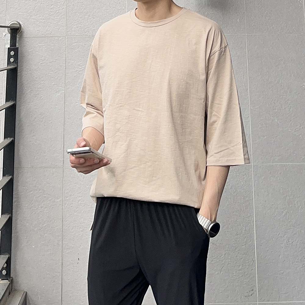 남자 7부티 오버핏 빅사이즈 슬라브 커플 여름 칠부 반팔티 - 상품 이미지