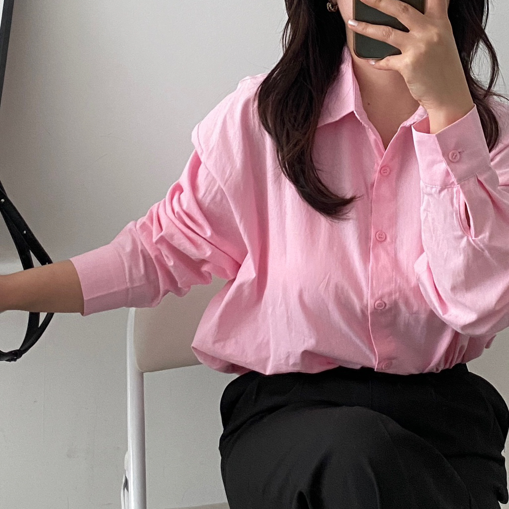 오픈카라 흰색블라우스 바스락셔츠 레이어드 핑크 소라색 셔츠 - 상세 이미지 2